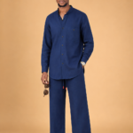 Tribal Royal Blue Long Sleeve Linen Shirt - front view